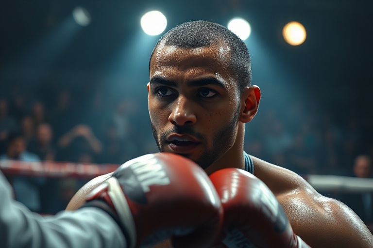 A dynamic action shot of Hamzah Sheeraz in the ring during a professional bout, wearing a red and white boxing uniform, with