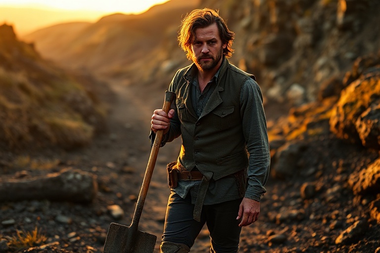 Aidan Turner in period costume as Ross Poldark, standing in a rugged Cornish landscape with dramatic lighting and a sweeping