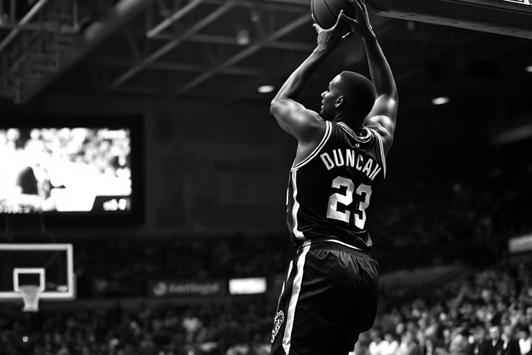 A dynamic action shot of Yao Ming in a Houston Rockets jersey mid-game, surrounded by adoring fans in a packed arena, with a