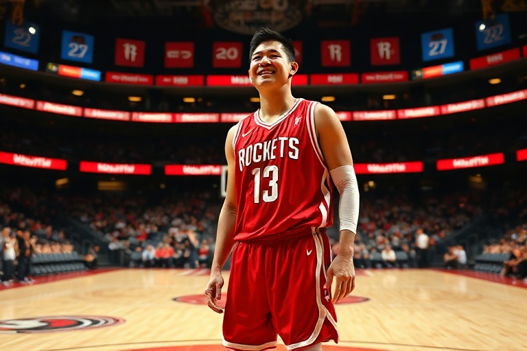 A dynamic action shot of Yao Ming in a Houston Rockets jersey mid-game, surrounded by adoring fans in a packed arena, with a