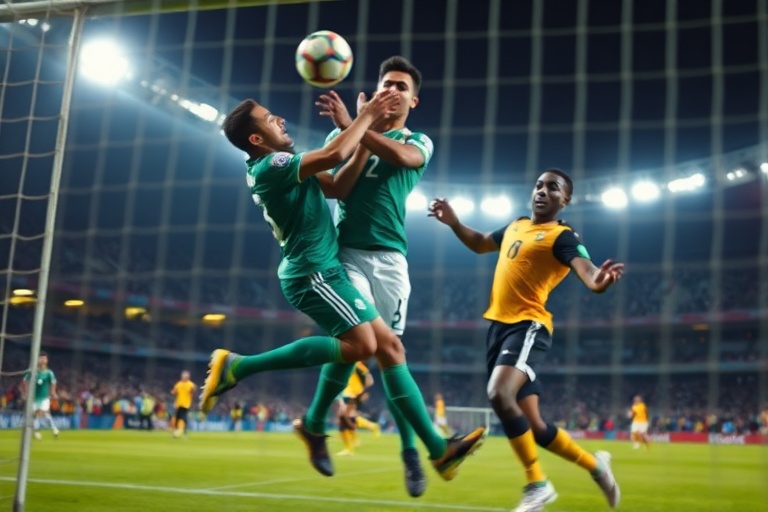 A vibrant stadium scene at night showing Mexico and Ghana players in action during a high-intensity match, with the scoreboar