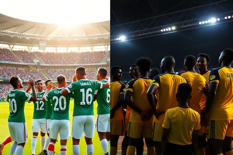 A vibrant stadium scene at night showing Mexico and Ghana players in action during a high-intensity match, with the scoreboar