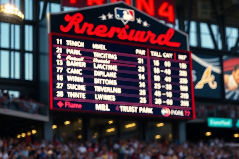 A panoramic view of Truist Park during a night game, with the scoreboard displaying the Braves' standings. The stadium is ill