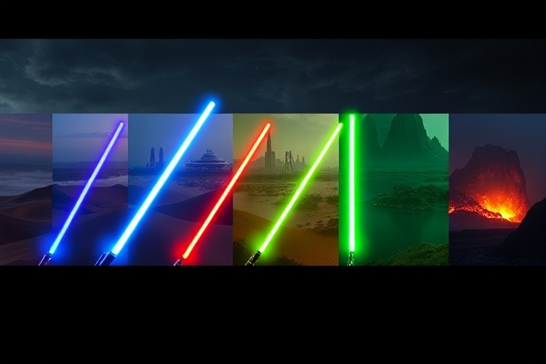 A cinematic collage of all Star Wars films arranged in a circular pattern with iconic scenes from each movie, set against a g