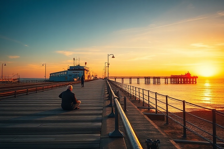 A vibrant seaside scene in Folkestone, featuring the colorful harbor arm, modern art installations along the promenade, and a