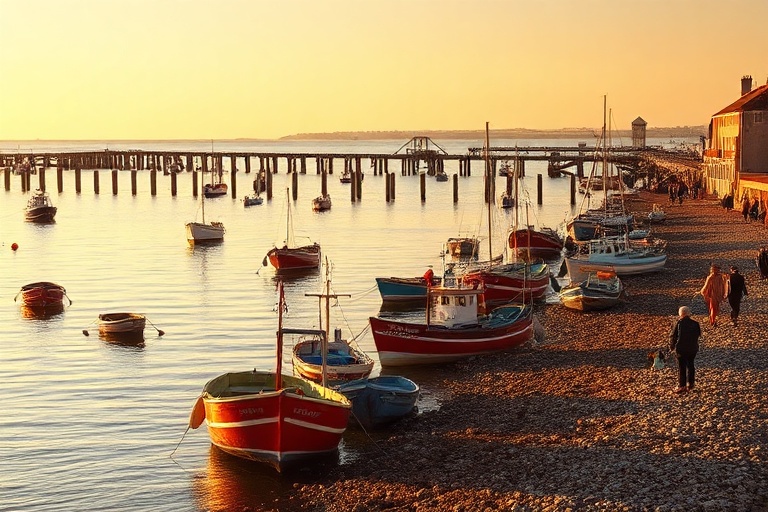 A vibrant seaside scene in Folkestone, featuring the colorful harbor arm, modern art installations along the promenade, and a