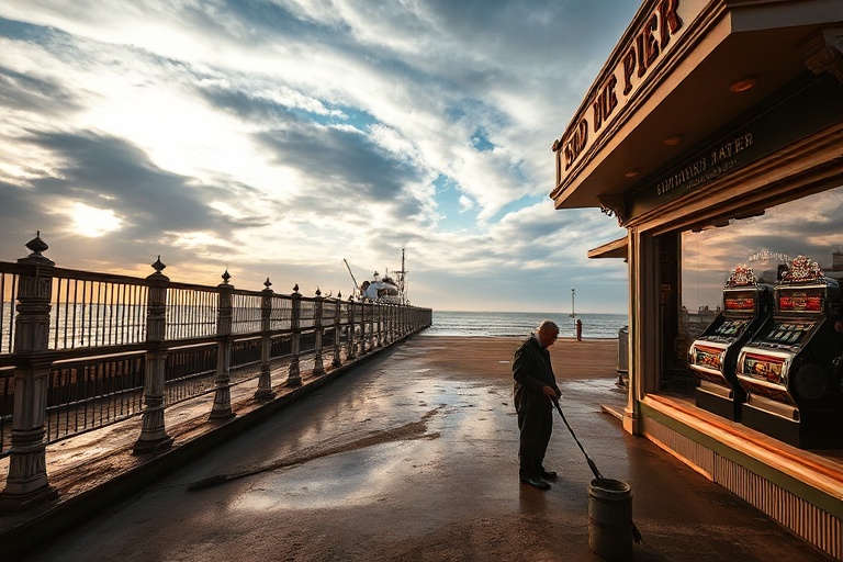 A vibrant seaside scene in Folkestone, featuring the colorful harbor arm, modern art installations along the promenade, and a