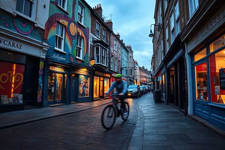 A vibrant seaside scene in Folkestone, featuring the colorful harbor arm, modern art installations along the promenade, and a