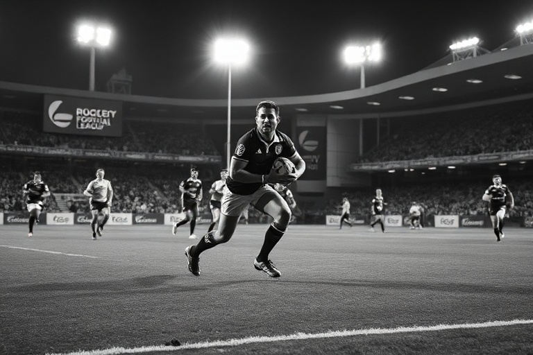 A vibrant scene of a rugby league match in progress, with players in action on a rainy pitch, surrounded by cheering fans in