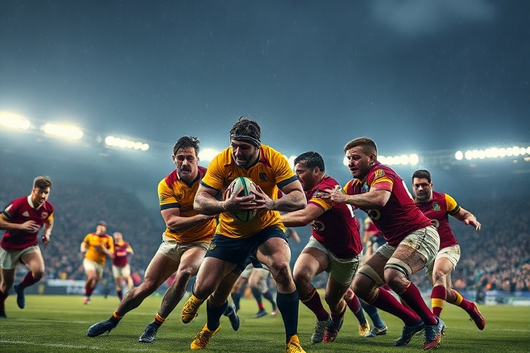 A dynamic photo of a rugby league match in progress at a packed stadium, showcasing intense action on the field with players