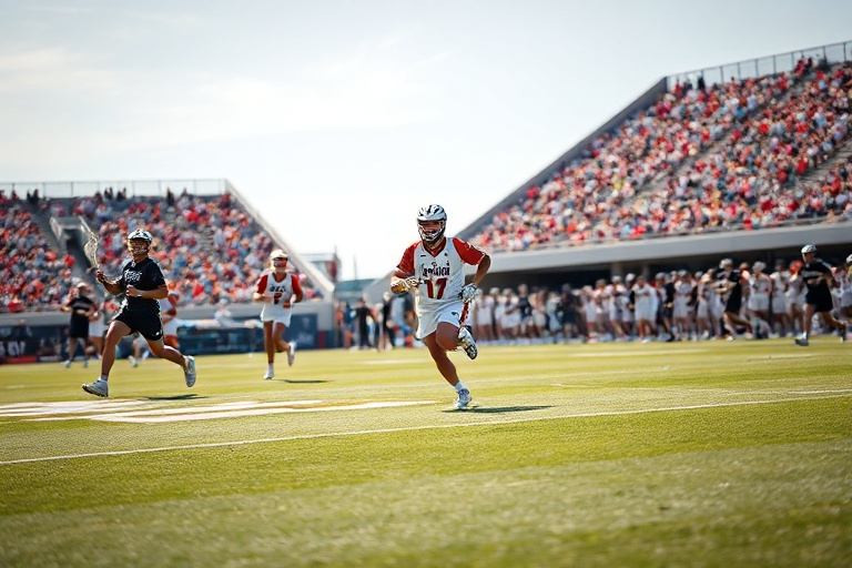 A dynamic photo of a rugby league match in progress at a packed stadium, showcasing intense action on the field with players