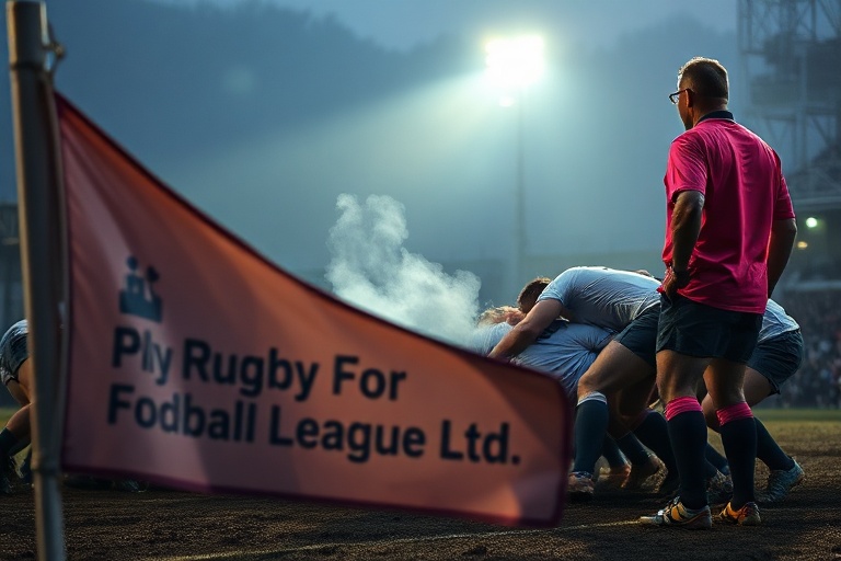 A dynamic photo of a rugby league match in progress at a packed stadium, showcasing intense action on the field with players