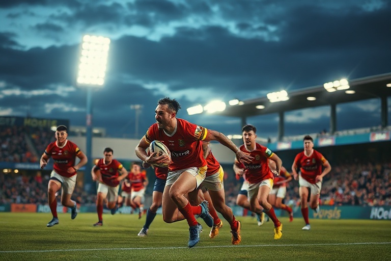 A vibrant stadium filled with cheering fans during a Rugby League World Cup match, showcasing international teams and the dyn