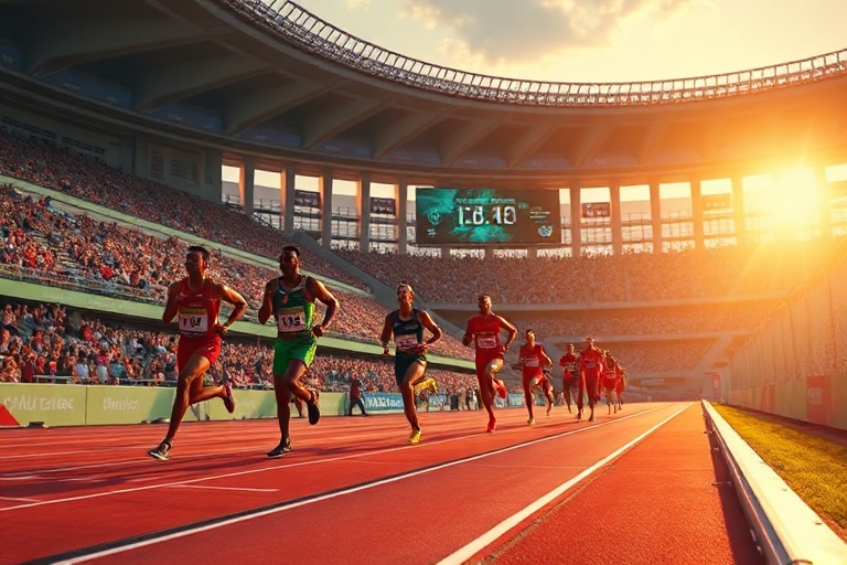 A dynamic shot of elite sprinters racing on a vibrant track at sunset, with digital overlays showing performance metrics and
