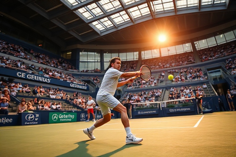 A dynamic shot of elite sprinters racing on a vibrant track at sunset, with digital overlays showing performance metrics and