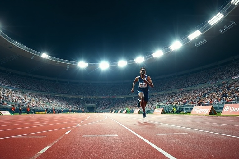 A dynamic shot of elite sprinters racing on a vibrant track at sunset, with digital overlays showing performance metrics and