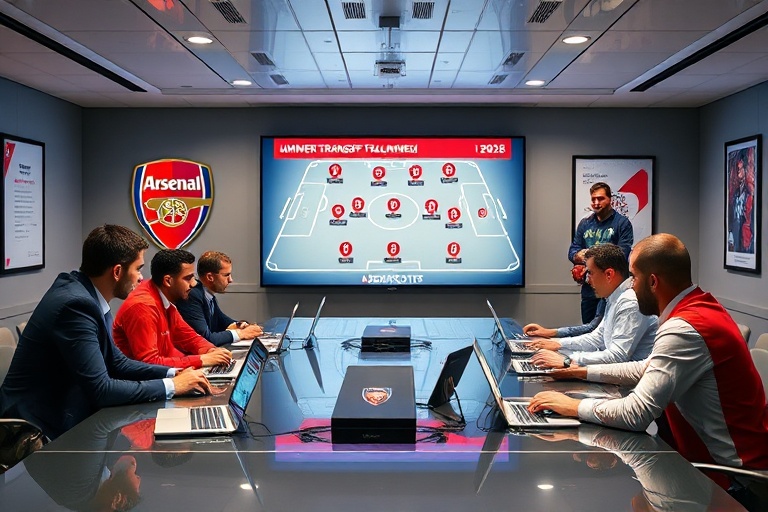 A mood-board style image showing Arsenal players in training, with a futuristic calendar overlay marked 'Summer 2026' and sil