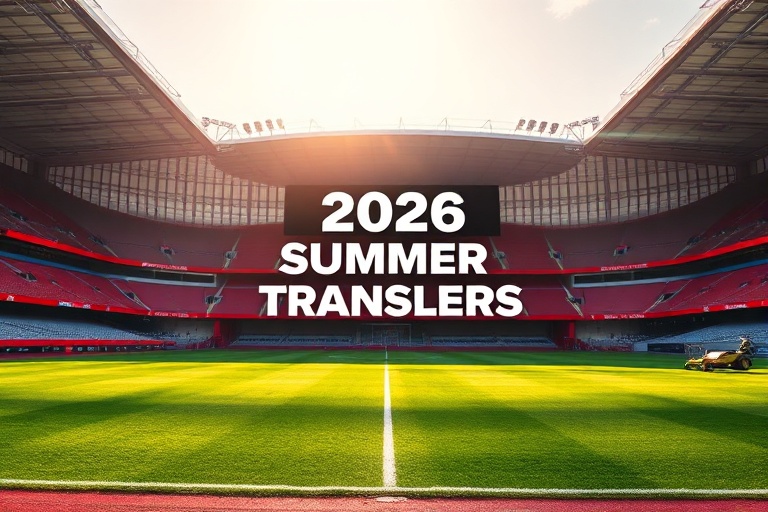 A mood-board style image showing Arsenal players in training, with a futuristic calendar overlay marked 'Summer 2026' and sil