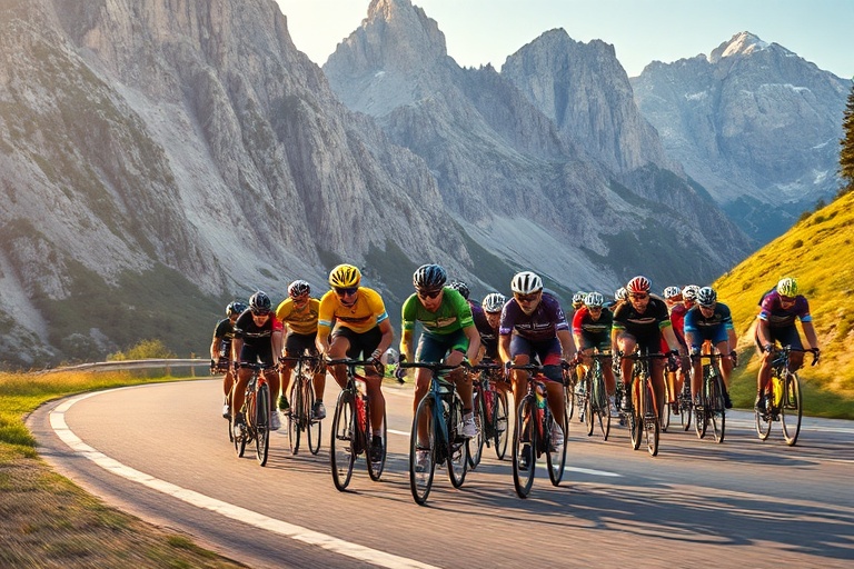 A panoramic shot of a Giro d'Italia peloton climbing the iconic Stelvio Pass in the Dolomites, surrounded by snow-capped peak