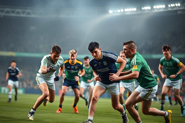 A vibrant studio scene with RTE Sport presenters and analysts discussing a live match, featuring Gaelic football action on sc