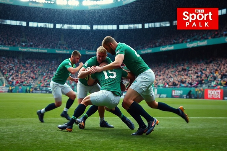 A vibrant studio scene with RTE Sport presenters and analysts discussing a live match, featuring Gaelic football action on sc