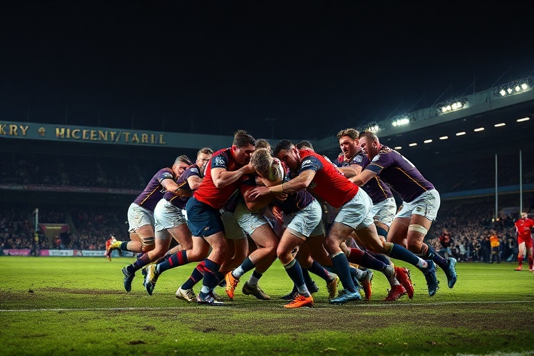 A vibrant scene from Melrose 7s featuring players in action on the Greenyards pitch, surrounded by cheering fans, with the Sc