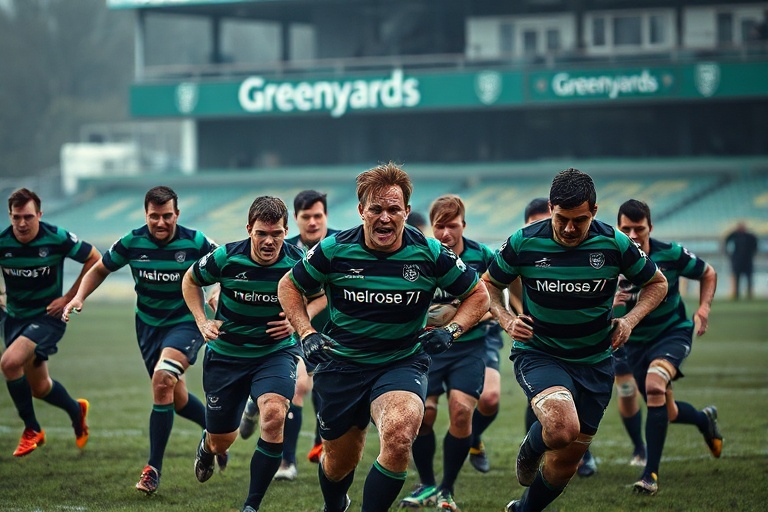 A vibrant scene from Melrose 7s featuring players in action on the Greenyards pitch, surrounded by cheering fans, with the Sc