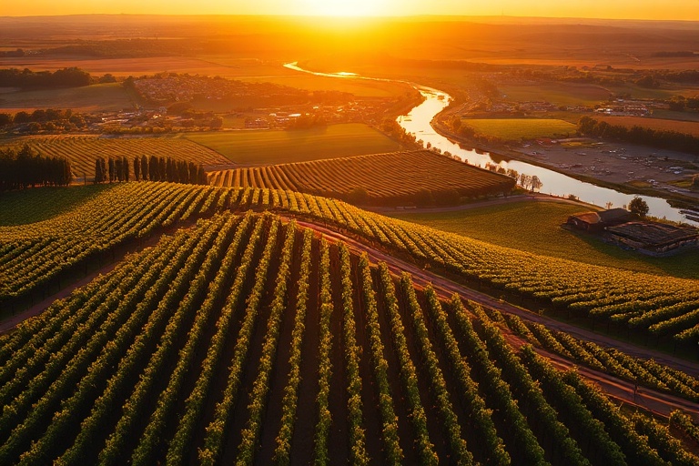 A stunning aerial view of Bordeaux’s vineyards during harvest season, with golden grapevines stretching to the horizon, dotte