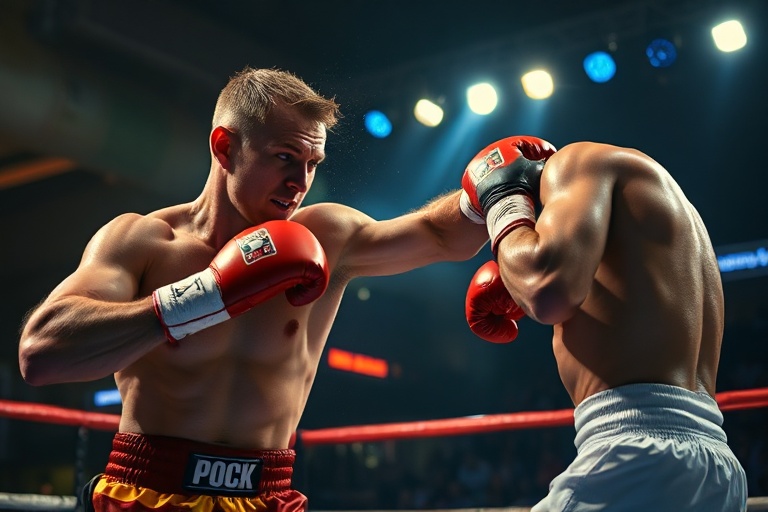 A dynamic action shot of Jack Catterall mid-combo in the ring, wearing a white and red boxing uniform, with a focused express