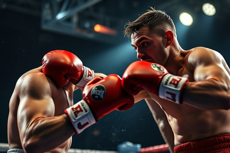 A dynamic action shot of Jack Catterall mid-combo in a brightly lit boxing ring, surrounded by a roaring crowd, with a techni