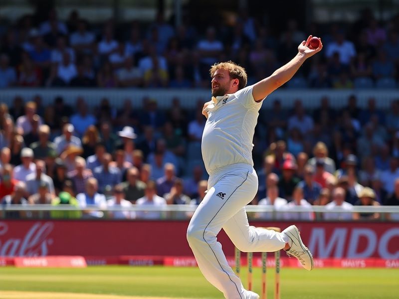 A dynamic action shot of Kyle Jamieson bowling in a Test match, wearing New Zealand’s black uniform with his tall frame and h