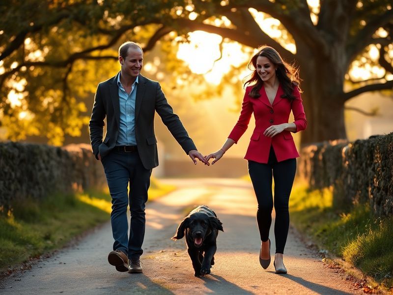 A warm, candid photo of Prince William, Kate Middleton, and their black Cocker Spaniel Otto walking together in a royal garde