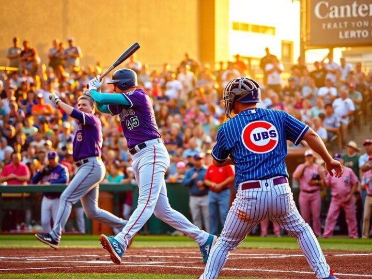 A split-screen image of Zac Gallen (Diamondbacks pitcher) in mid-windup and Nico Hoerner (Cubs infielder) preparing to hit, w