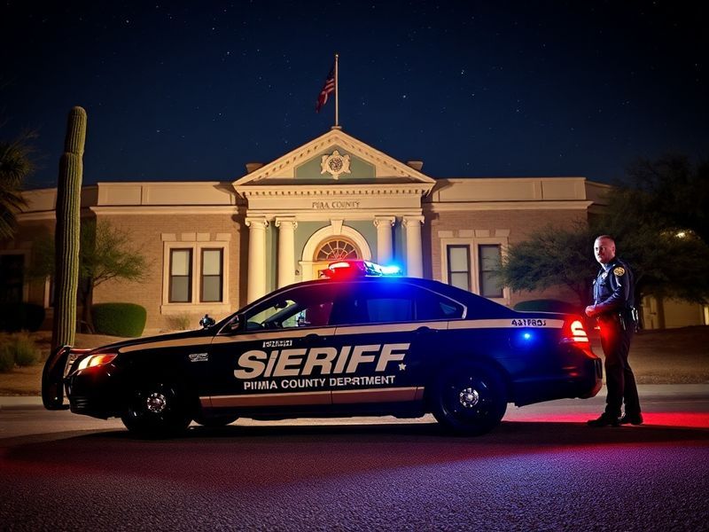 A professional photograph of the Pima County Sheriff’s Department badge with deputies in uniform during a community event, se