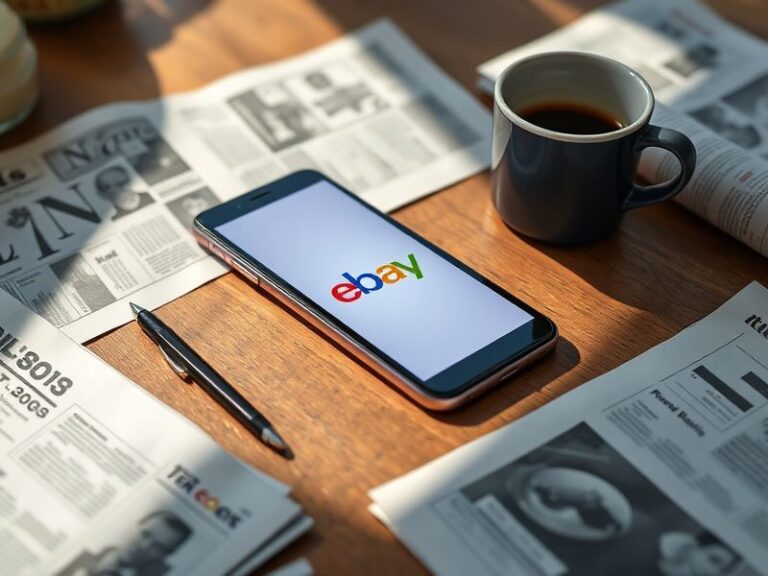 A split-screen image showing eBay's logo on a smartphone screen with a stock chart in the background. The left side highlight