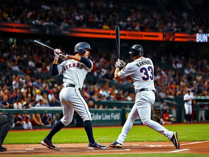 A split-screen image showing a Rangers batter mid-swing at Globe Life Field on the left and a Tigers pitcher in mid-delivery