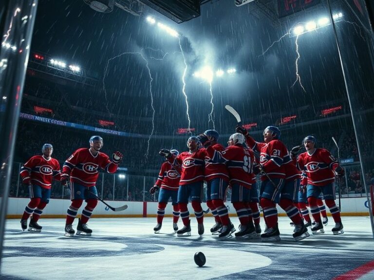 A split-screen image showing a tense Lightning vs Canadiens playoff moment, with Tampa Bay's offensive players in white and M
