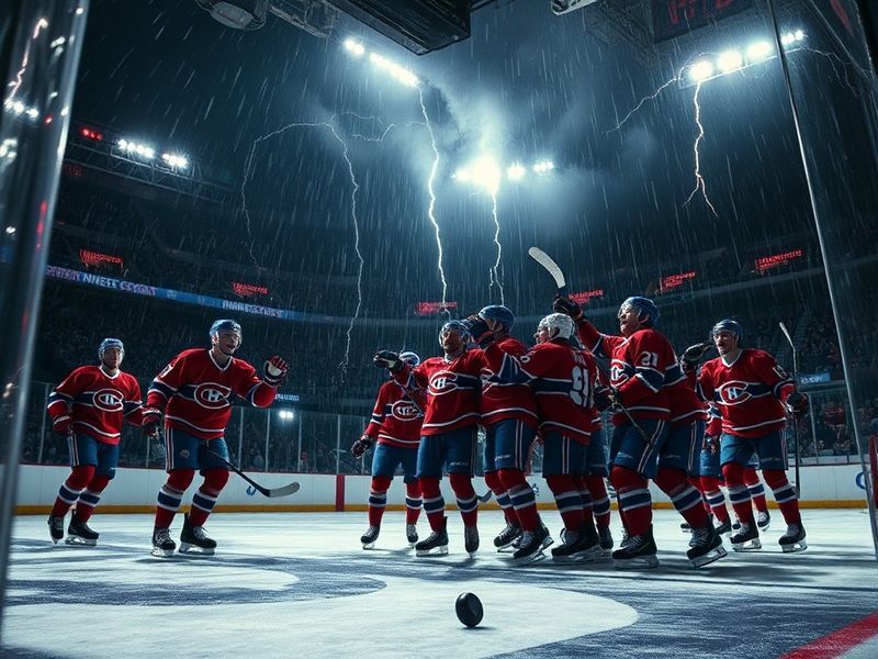 A split-screen image showing a tense Lightning vs Canadiens playoff moment, with Tampa Bay's offensive players in white and M