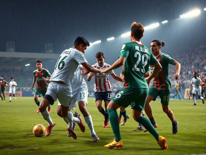 A vibrant stadium scene during a Once Caldas vs Atlético Nacional match, featuring fans in team colors, intense on-field acti
