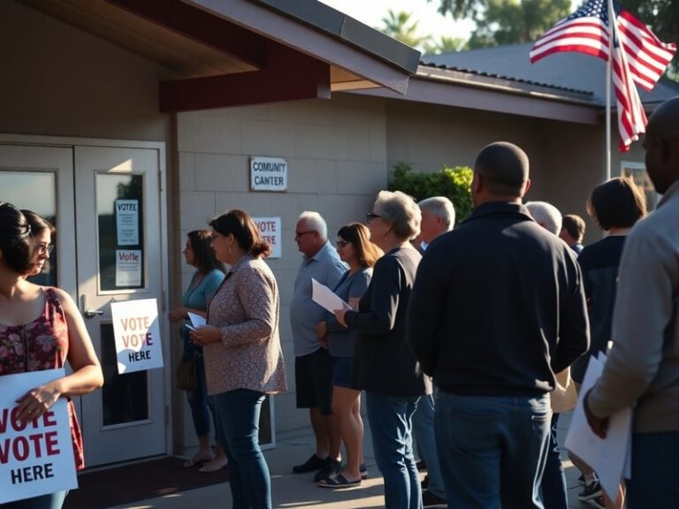 A diverse group of Californians standing in line at a polling station, with a mix of urban and natural backgrounds. The scene
