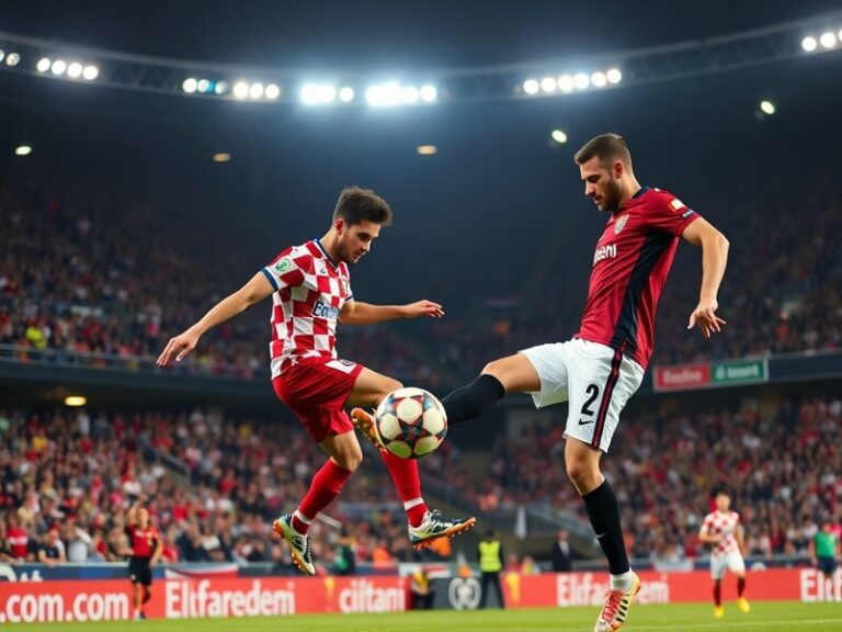 A dynamic on-pitch scene featuring Luka Modrić in a Croatia jersey and Kevin De Bruyne in a Belgium jersey during a match, wi