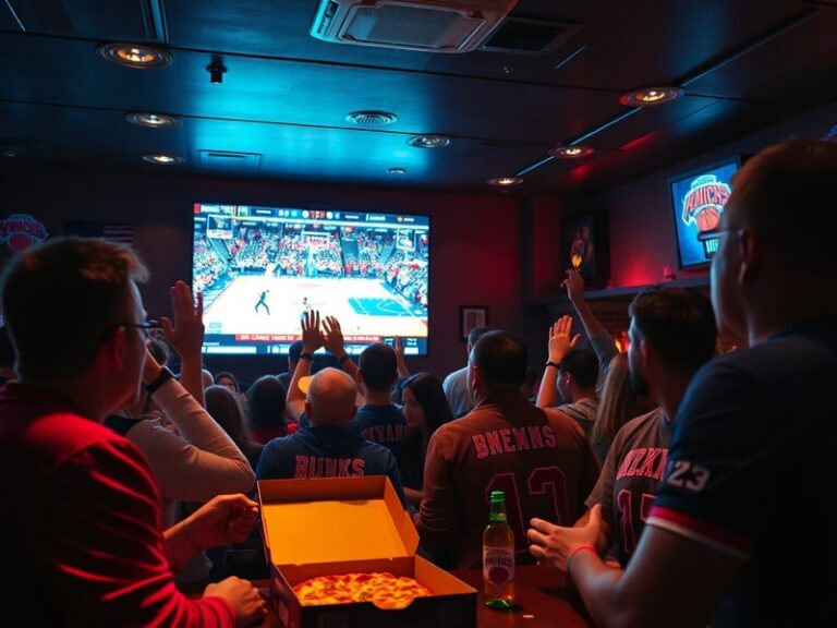 A lively image of a crowded New York bar during a Knicks game, featuring fans in jerseys, multiple large TVs broadcasting the