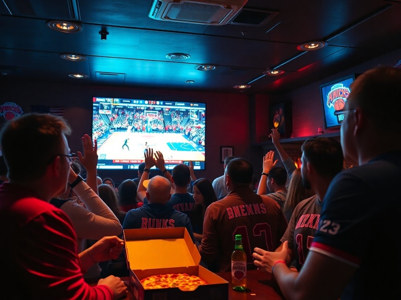 A lively image of a crowded New York bar during a Knicks game, featuring fans in jerseys, multiple large TVs broadcasting the