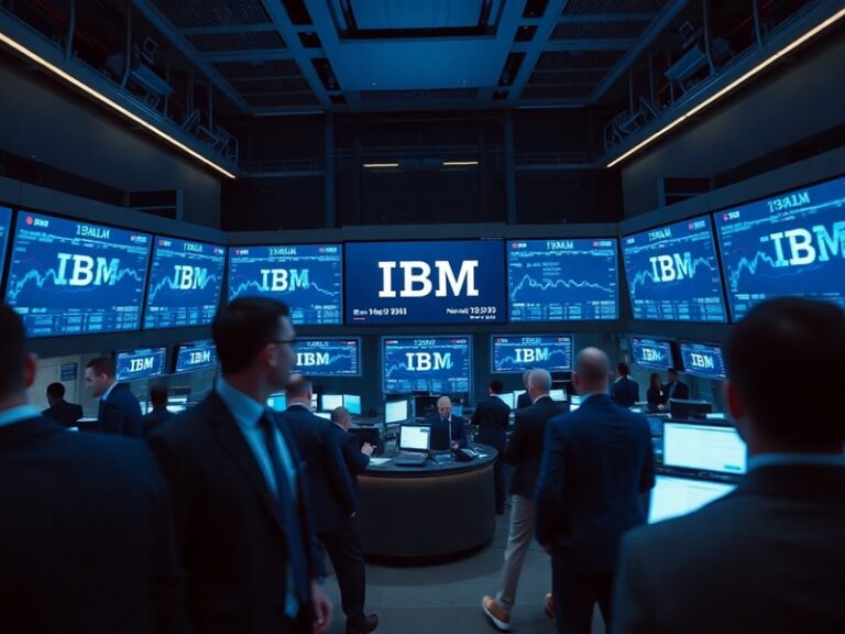 A professional stock chart overlayed with IBM’s logo, displaying upward trends. The background features a modern office setti