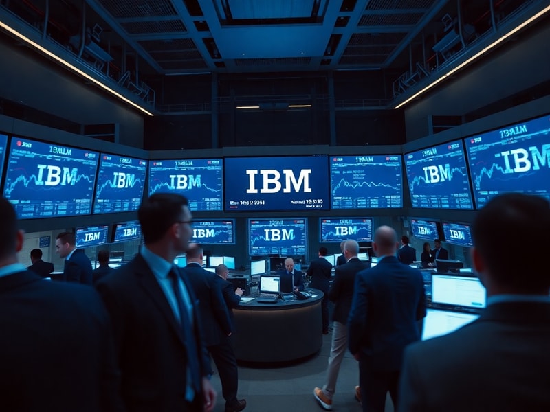 A professional stock chart overlayed with IBM’s logo, displaying upward trends. The background features a modern office setti