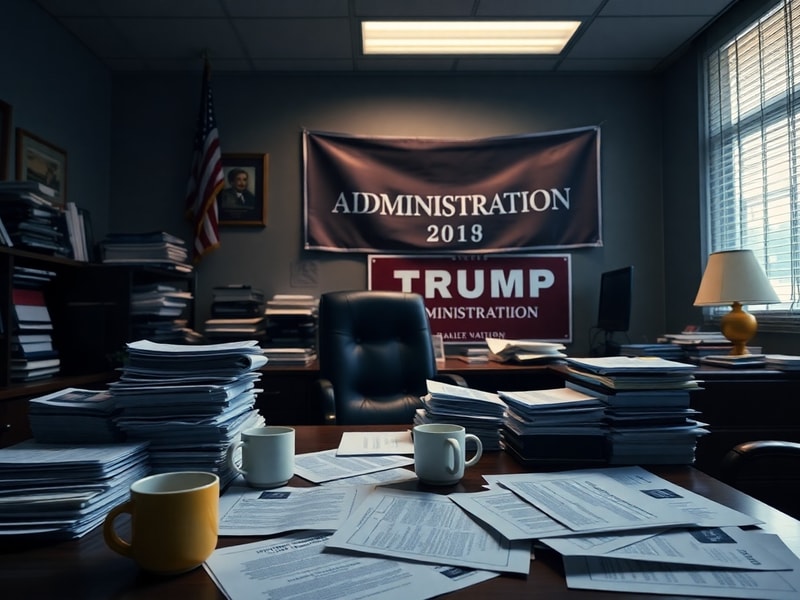 A split-image visual: on one side, a government building with an American flag, symbolizing federal oversight; on the other,