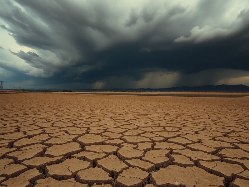A split-image visual showing on one side a BBC journalist reporting from a drought-stricken field in Africa, with dry, cracke