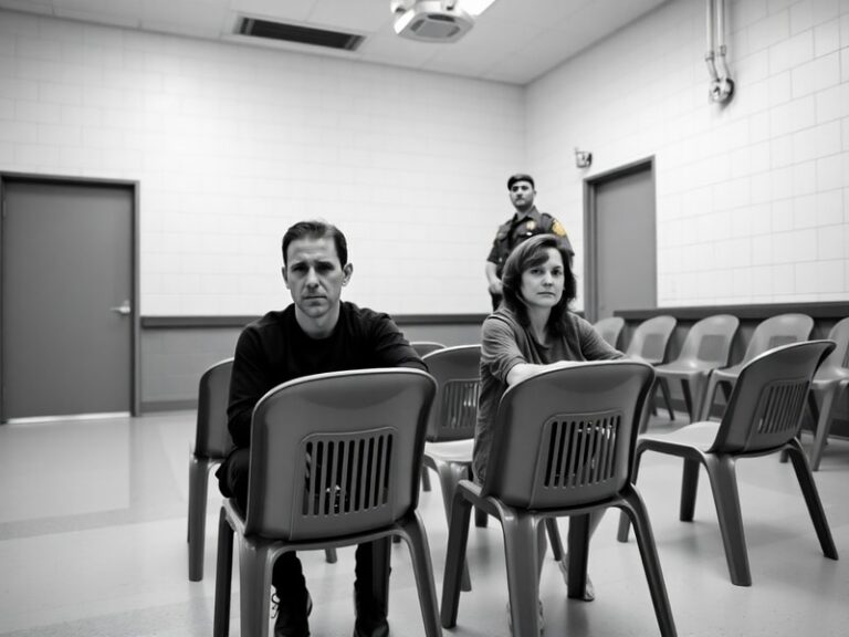 A split-image composition showing Craig and Lindsay Foreman in a courtroom sketch style on one side and a blurred airport ter