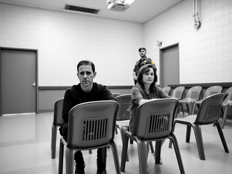 A split-image composition showing Craig and Lindsay Foreman in a courtroom sketch style on one side and a blurred airport ter