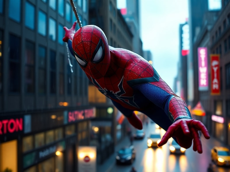 A dramatic comic book panel showing Peter Parker in a dark alley, wearing a tattered Spider-Man mask, with rain falling in th